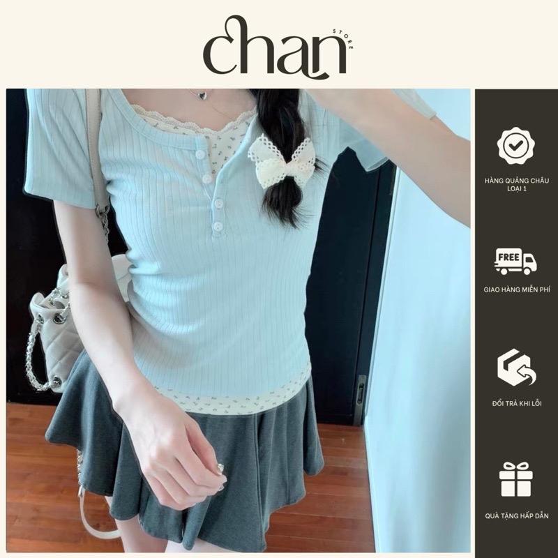 Áo thun kiểu coquette phối nút kèm hoa nhí ren phong cách hàn quốc m100