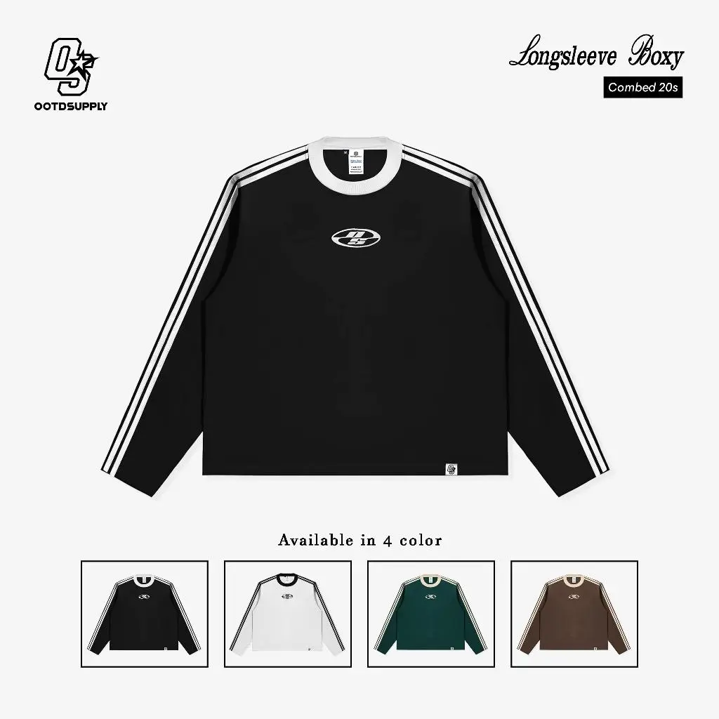 OOTDSUPPLY Longsleeve Boxy Double Stripe Neocore Embroidery l Oversize T-Shirt Lengan Panjang l Kaos Kerah I Kaos Stripe | LSBX002