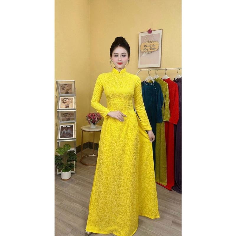 Áo Dài Gấm Lụa Thái Tuấn Màu Vàng Tươi Tay Dài Cổ 3 Phân 