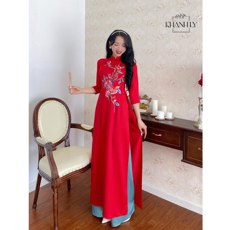 Áo dài truyền thống nữ Lụa tô châu đỏ thêu hoa sen đình đá kim sa đẹp cao cấp xl đồng nâu