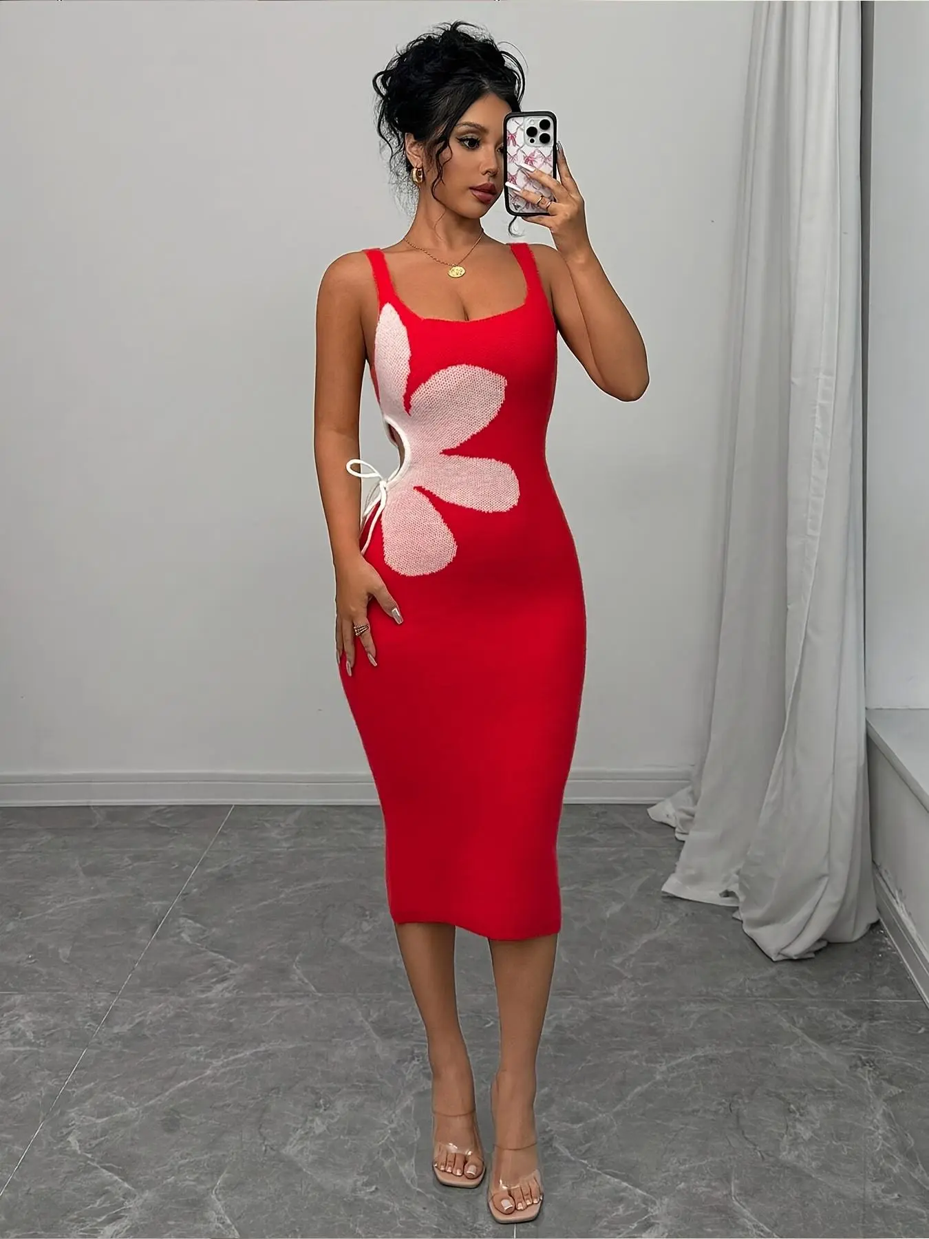 Women's Floral Pattern Tank Sweater Dress, Casual Sleeveless Bodycon Knit Dress for Summer, Fashion Women's Dress for Daily Wear