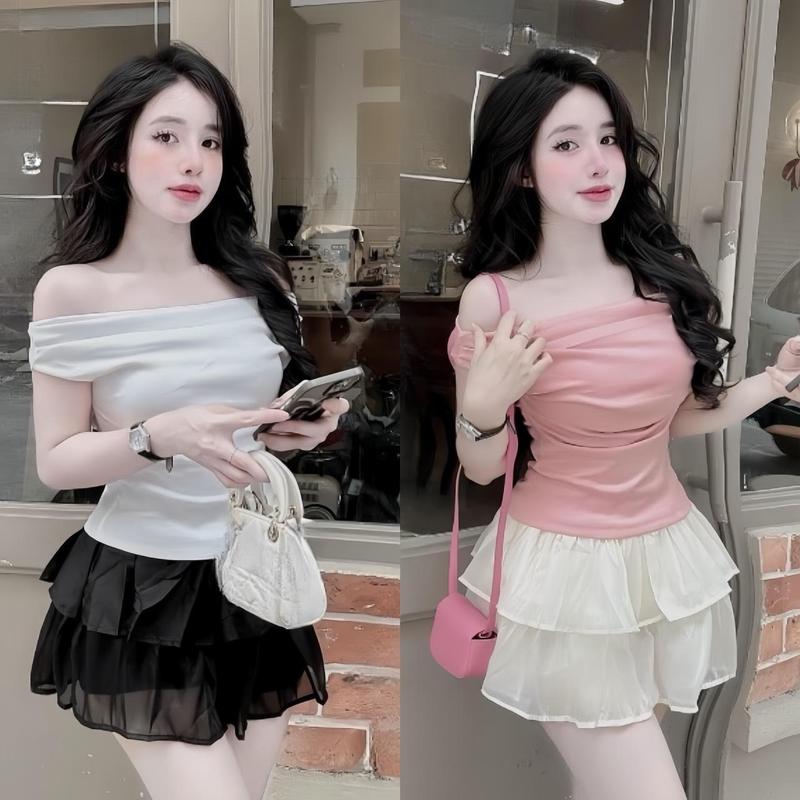 Set đồ nữ áo tăm trễ vai tay ngắn, phối chân váy ren tầng xinh xắn, dễ thương, đáng yêu dành cho các nàng đi chơi, đi tiệc Top Women