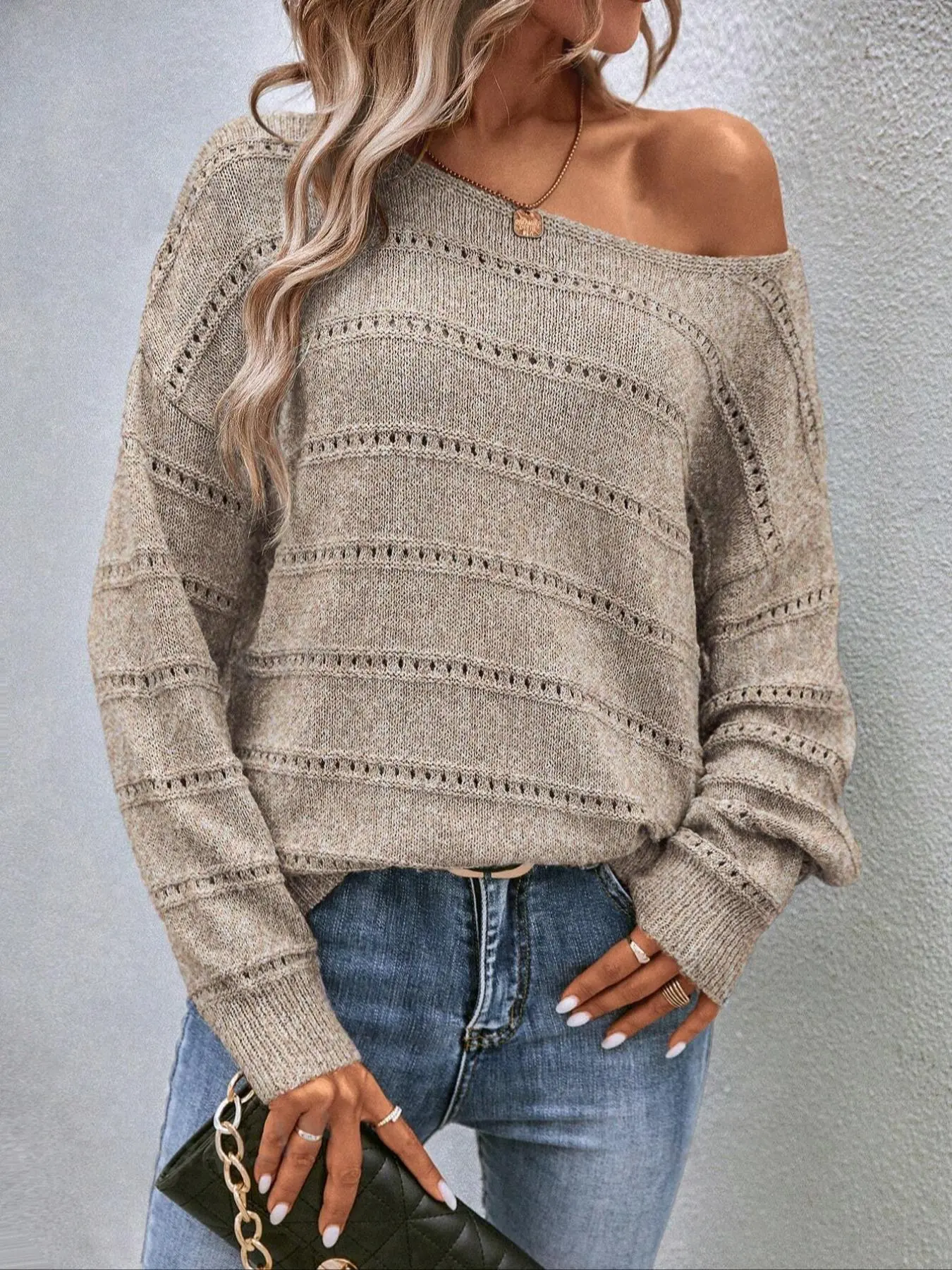 Women's Plain Hollow Out Drop Shoulder Sweater, Casual Long Sleeve Round Neck Jumper for Spring & Fall, Fashion Women's Knitwear for Daily Wear