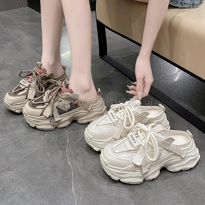 Giày Thể Thao Vải Lưới, Kiểu Dây Giày Dây, Bít Mũi, Dép Lười Nửa Bàn Chân, Dành Cho Nữ, Đế Dày, Kiểu Lười, Lofter, Dép Trắng, Mùa Lò Xo Và Mùa Hè Mới, 2024