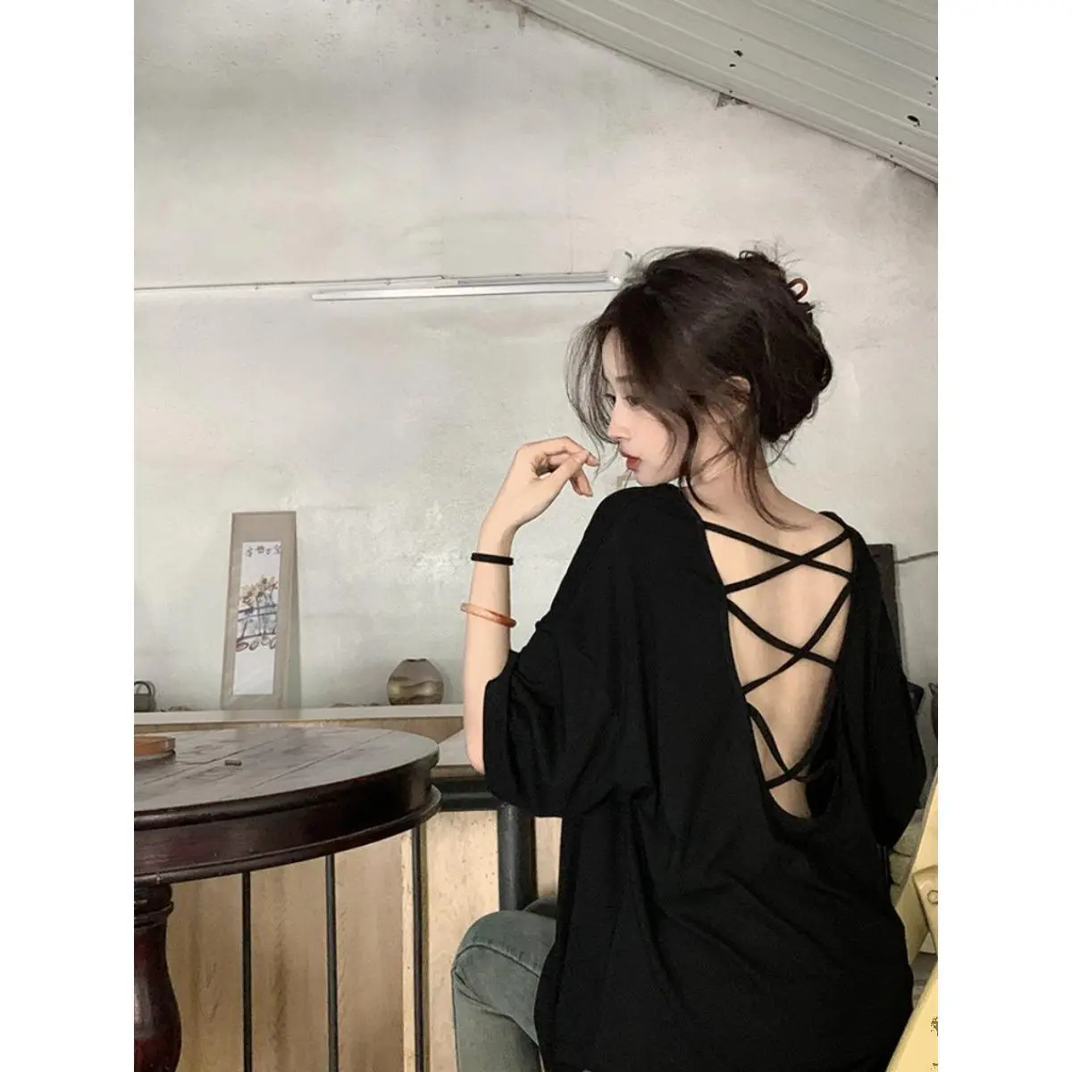 Áo Thun Ngắn Tay Cotton Dệt Kim hở lưng ngoại cỡ cho nữ mùa hè 2024 kiểu lười biếng thường ngày dáng rộng dài trung bình cho nữ