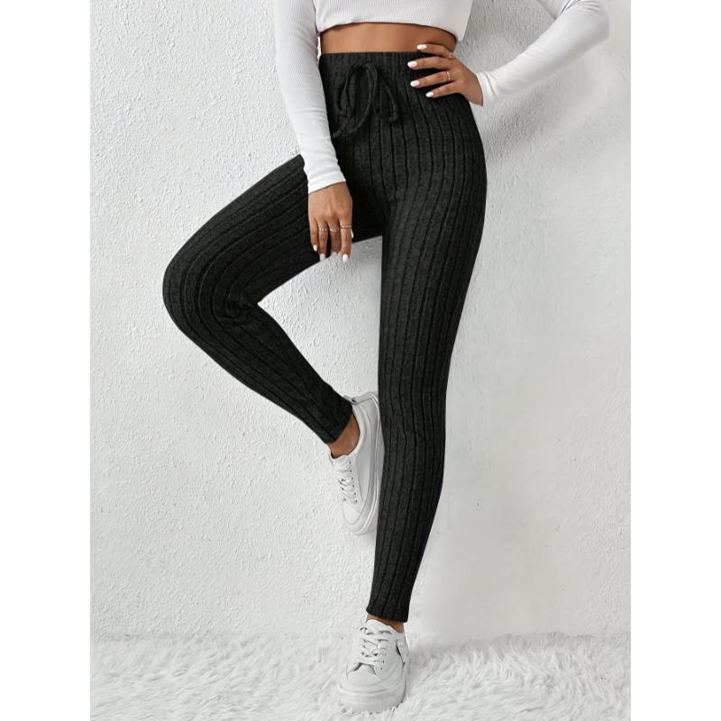Product Introduction of Women's High-Waist Ribbed Knit Leggings - Slimming, Stretchy Solid Color with Decorative Drawstring, Cozy & Chic for Fall/Winter, Machine Washable 27