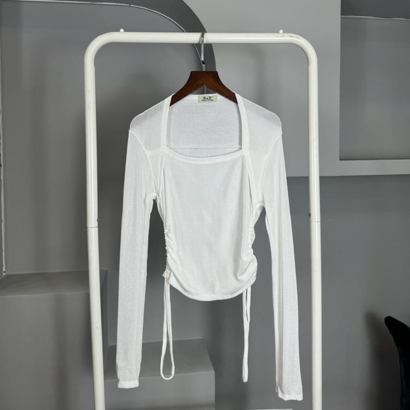 D050_Áo Thun Nhũ Tay Dài Cổ Vuông Nhún Eo