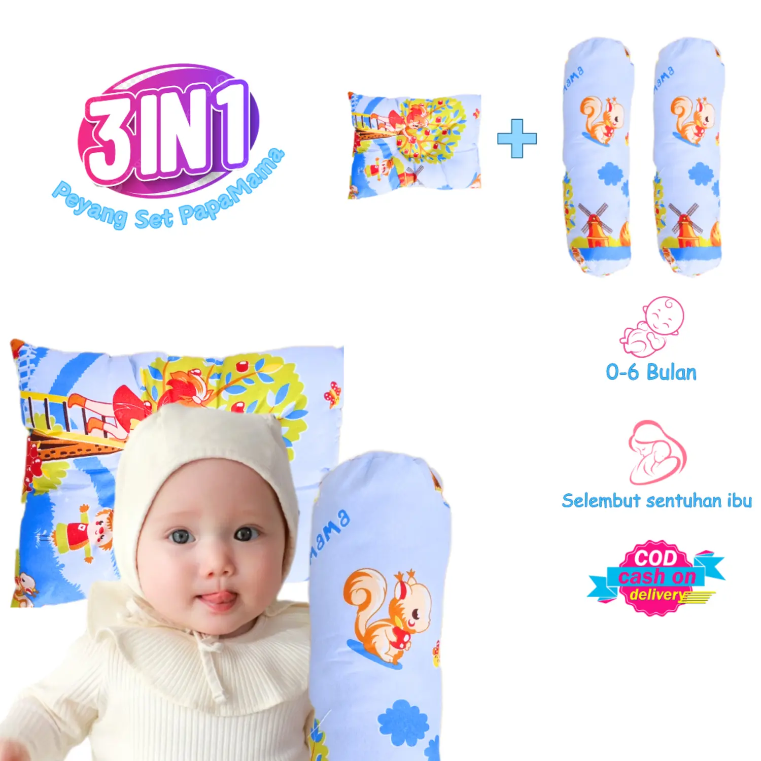 Bantal Guling Bayi Anti Peyang - 3in1 Set Perlengkapan Tidur Bayi Empuk