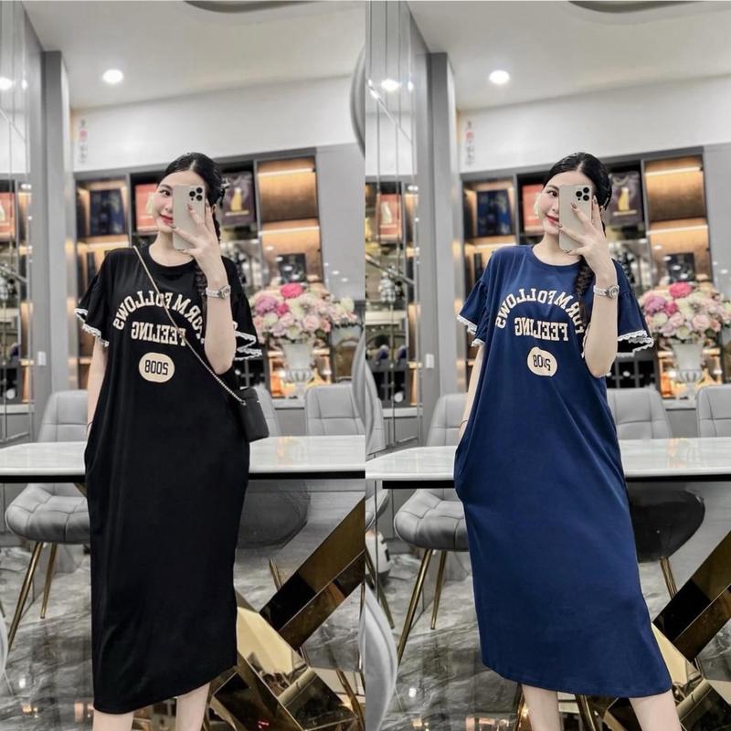 Váy suông bầu nữ cotton tay bèo dài mặc nhà và đi chơI Nhung Women Dress Váy Ngủ Voi Đen