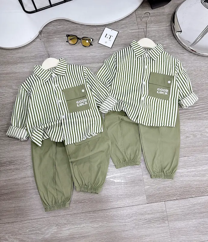 Bộ sơ mi áo kèm quần áo xốp sọc nâu quần thô cho bé trai  từ 8-30kg (mua 3 bộ kèm 1 kính,mua 5 bộ kèm 1 đồng hồ) NHẬN SIZE BÉ TỪ 13 THÁNG TRỞ ĐI [ShopLuankids92] 6