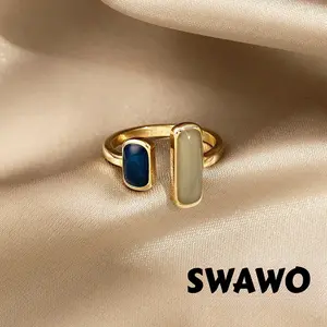 [Swawo] Cincin Terbuka Asimetris dengan Gaya Elegan-Desain Bentuk Geometri Persegi Berhias Kristal Tiruan Cocok untuk Berbagai Acara A542