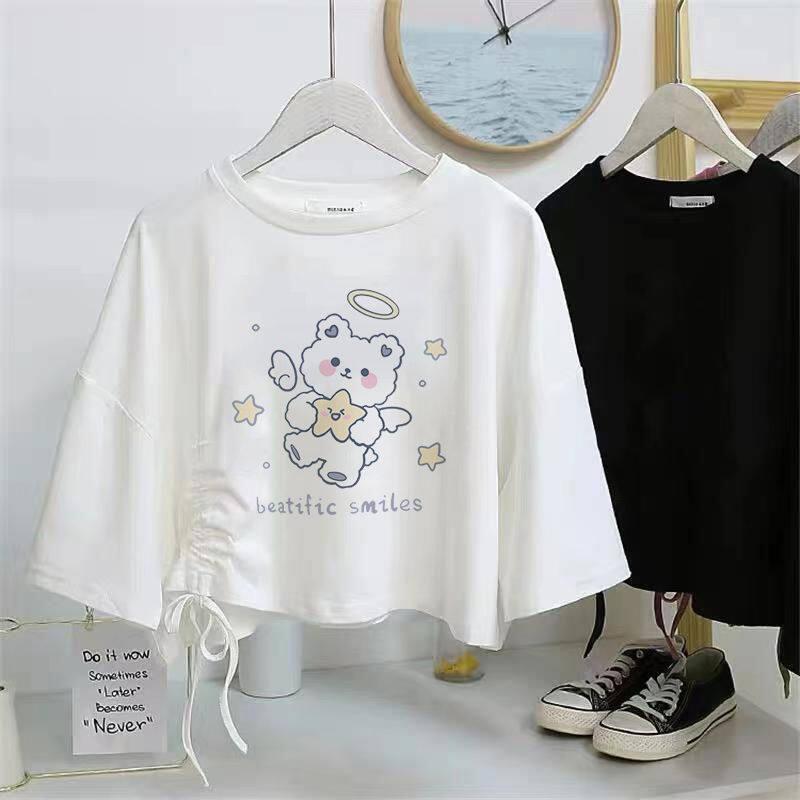 Product Introduction of Áo Thun Dây Rút ngắn tay, dành cho nữ, Cạp Cao, Cropped Xén, Dáng Rộng Vừa Vặn, Áo Crop Top 9