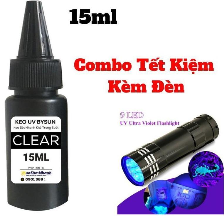 Combo Keo UV Kèm Đèn Uv Bysun Clear Trong Suốt Dán Kính, Dán Thép, Dán Mica BB010 15ml