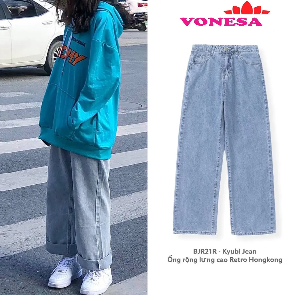 Quần Jean nữ ống rộng Ulzzang lưng cao phong cách Retro Jean xanh nhạt