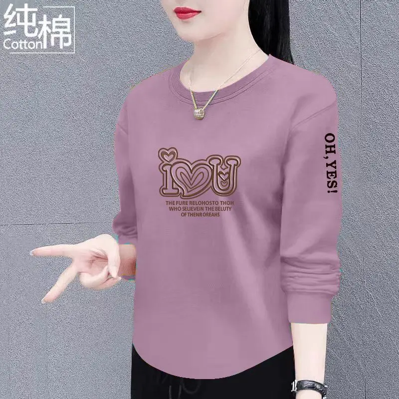 Kemeja-T Wanita Lengan Panjang, 100% Kapas, Musim Luruh dan Musim Sejuk, Ketibaan Baru, Fesyen Kasual, Longgar dan Pelangsingan, Baju Bawah Bercetak Tops