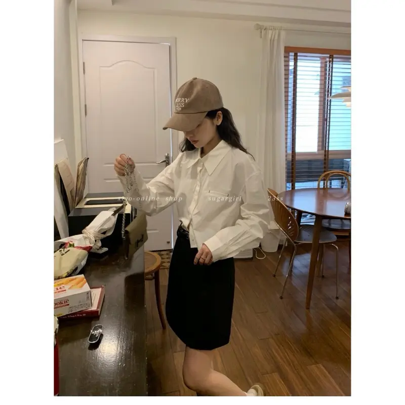 Áo sơ mi Mecixi  cổ đức dáng croptop phối túi FG046 - Thời trang nữ - Shirt, Women Trắng Nhung 3