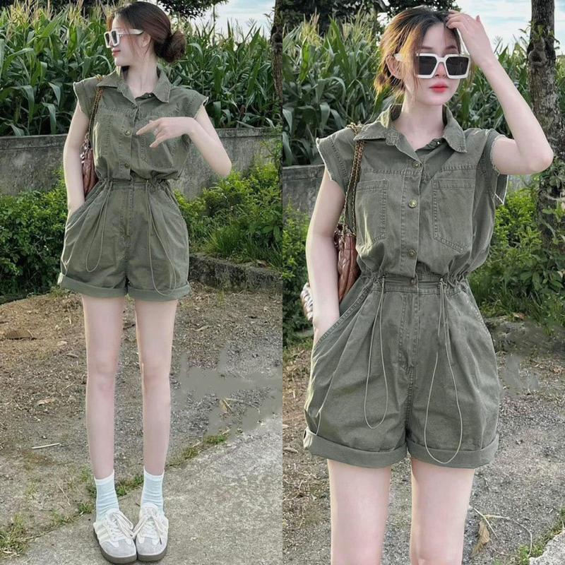 Jumpsuit Nữ Chất Jean Tay Cộc Cổ Sơ Mi Gài Nút Thật Phối Túi Voi