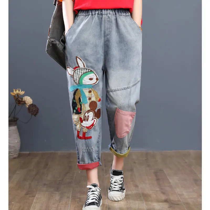 Quần Jean Nữ, Thiết Kế Cotton, Hàng Mới Về, Cạp Cao, Co Giãn, Dài Đến Mắt Cá Chân, Thêu Hoạt Hình, Dáng Rộng Vừa Vặn, Quần Harem Denim, Phong Cách 3pg0234 2