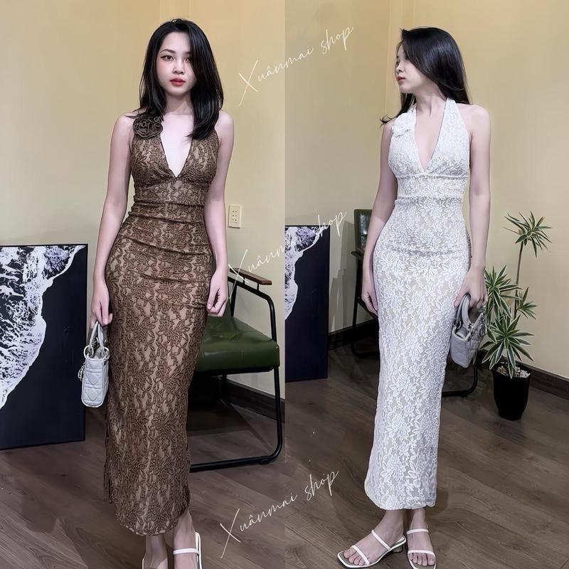 Đầm NGẮN DÀI YẾM HOA LƯỚI CỘT CỔ xẻ tà sau 2lớp đệm mút XuânMaishop