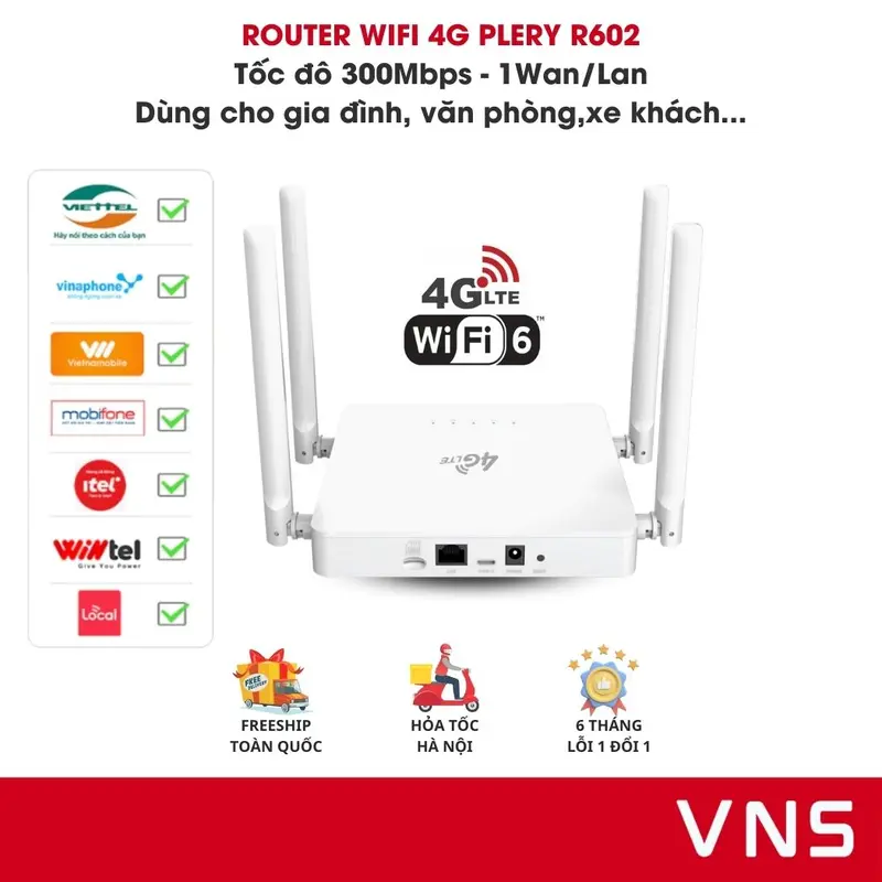 [VNS] Plery R602 Bộ Phát Wifi 4G 4 Râu Gấp Gọn (1 Wan/Lan) Kết Nối 32 Thiết Bị Không Kén Sim - Thiết Bị Mạng Việt Nam 0