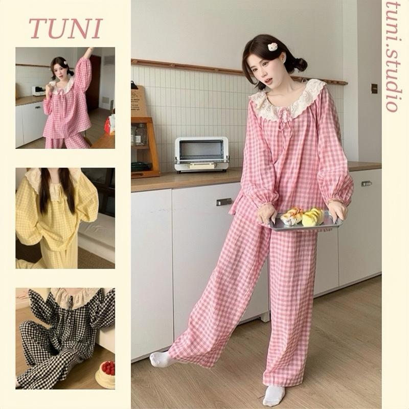 Bộ Đồ Ngủ Kẻ Caro Thắt Nơ Xinh Xắn Áo Tay Dài Quần Dài Women Nữ Tuni.studio T04