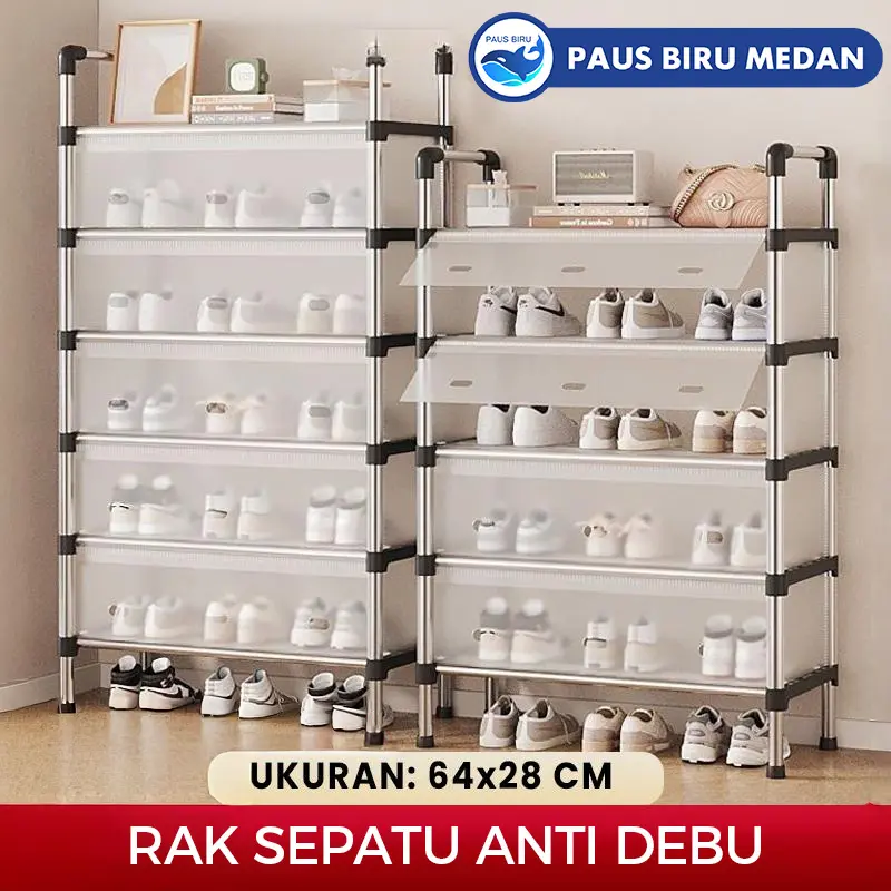Paus biru - Rak Sepatu Lipat Tertutup Anti Debu 3-6 Susun Besi Kokoh | Shoe Rack Serbaguna Aesthetic