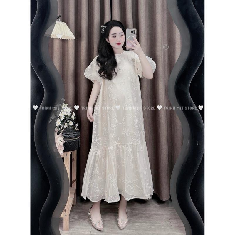 (TRINH MIT) Váy Suông Dáng Dài Đuôi Cá Tay Phồng Kèm Tag Đá - Hàng Đẹp Có Lót Lụa Bầu Bí Mặc Thoải Mái