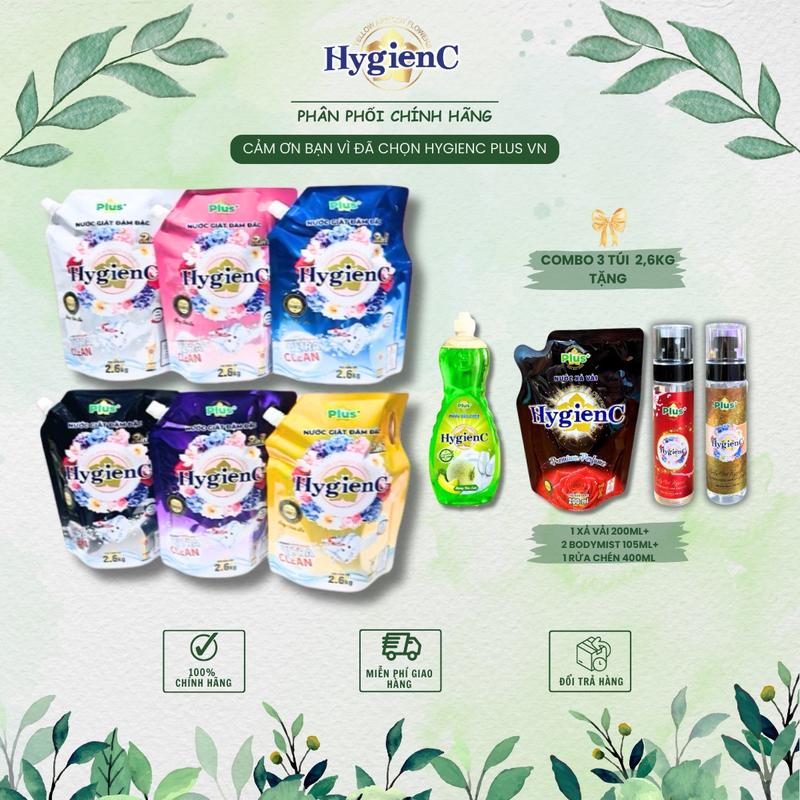 [TẶNG 4 PHẦN QUÀ] Combo 3 Túi Nước giặt HygienC Plus (2600ml/Túi) công nghệ Thái Lan thơm ngát, làm sạch