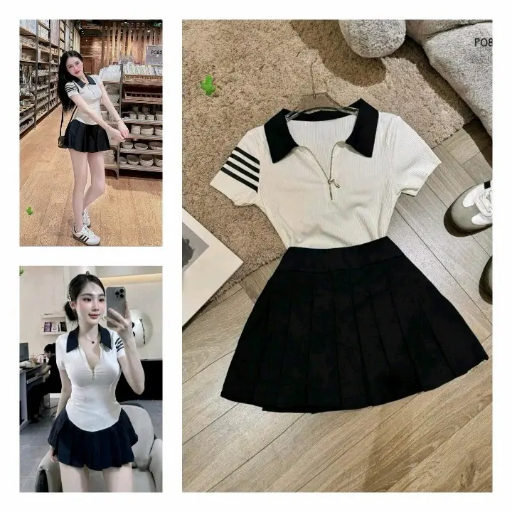 Set Nữ áo Polo Zip Kéo Gân Tăm Chân Váy Xếp Li Women