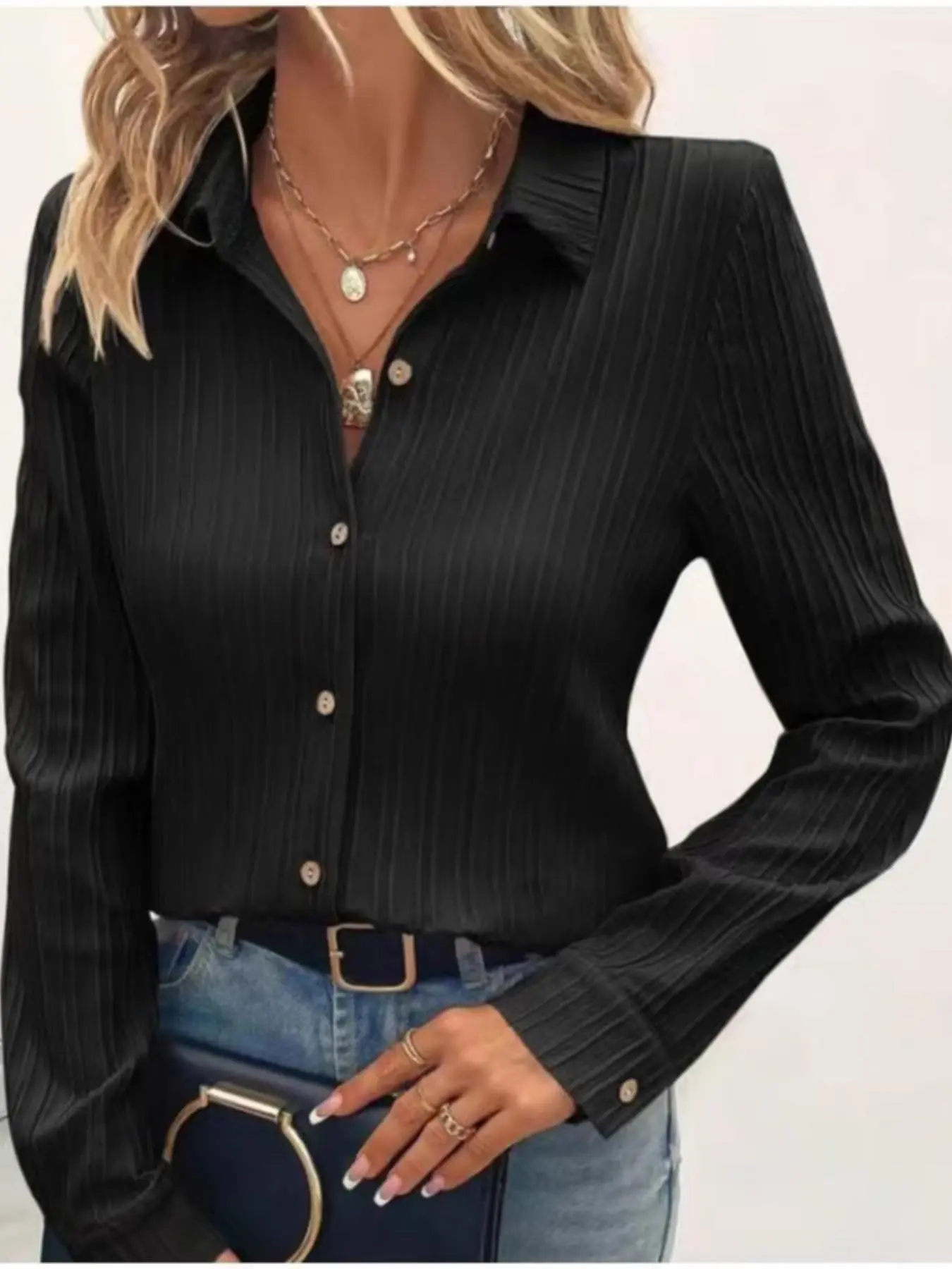 Women's Plain Button Front Shirt, Elegant Long Sleeve Collared Top for Spring & Fall, Ladies Clothes for Work Office Business