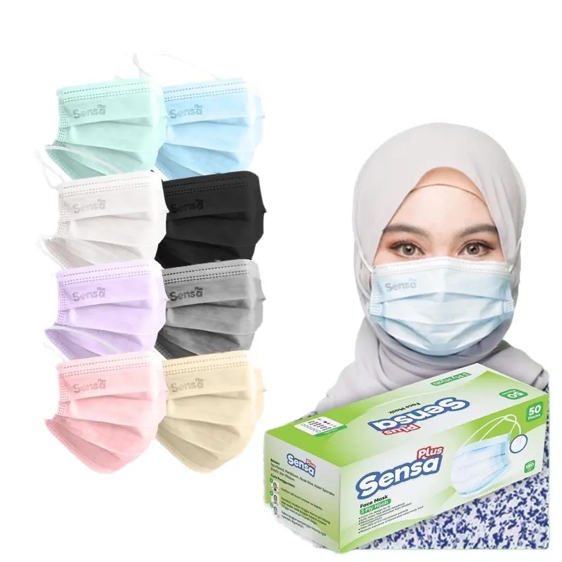 MASKER HIJAB / HEADLOOP 3PLY SENSA 1BOX ISI 50PCS / EARLOOP SENSAPLUS READY 8 WARNA PUTIH ABU HITAM HIJAU BIRU KHAKI PINK UNGU