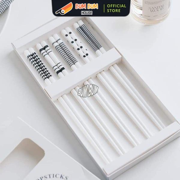    5 đôi đũa trắng  họa tiết trên đầu đũa   Set 5 Đôi Đũa Gốm Sứ Chống Trượt Cao Cấp Nhật Bản đũa ăn cơm 