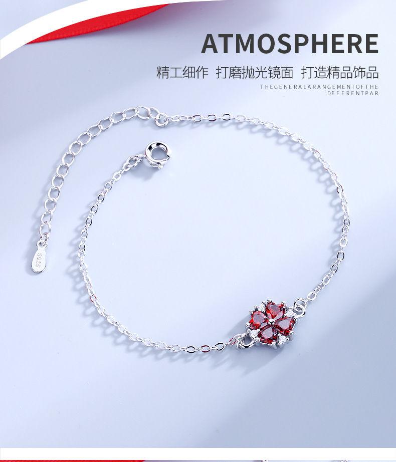 Product Introduction of Red New Style Four-Leaf Clover Necklace Women's Set Pomegranate Red Zircon Bracelet Ear Studs Ring Ornament Four-Leaf Clover Suit 5