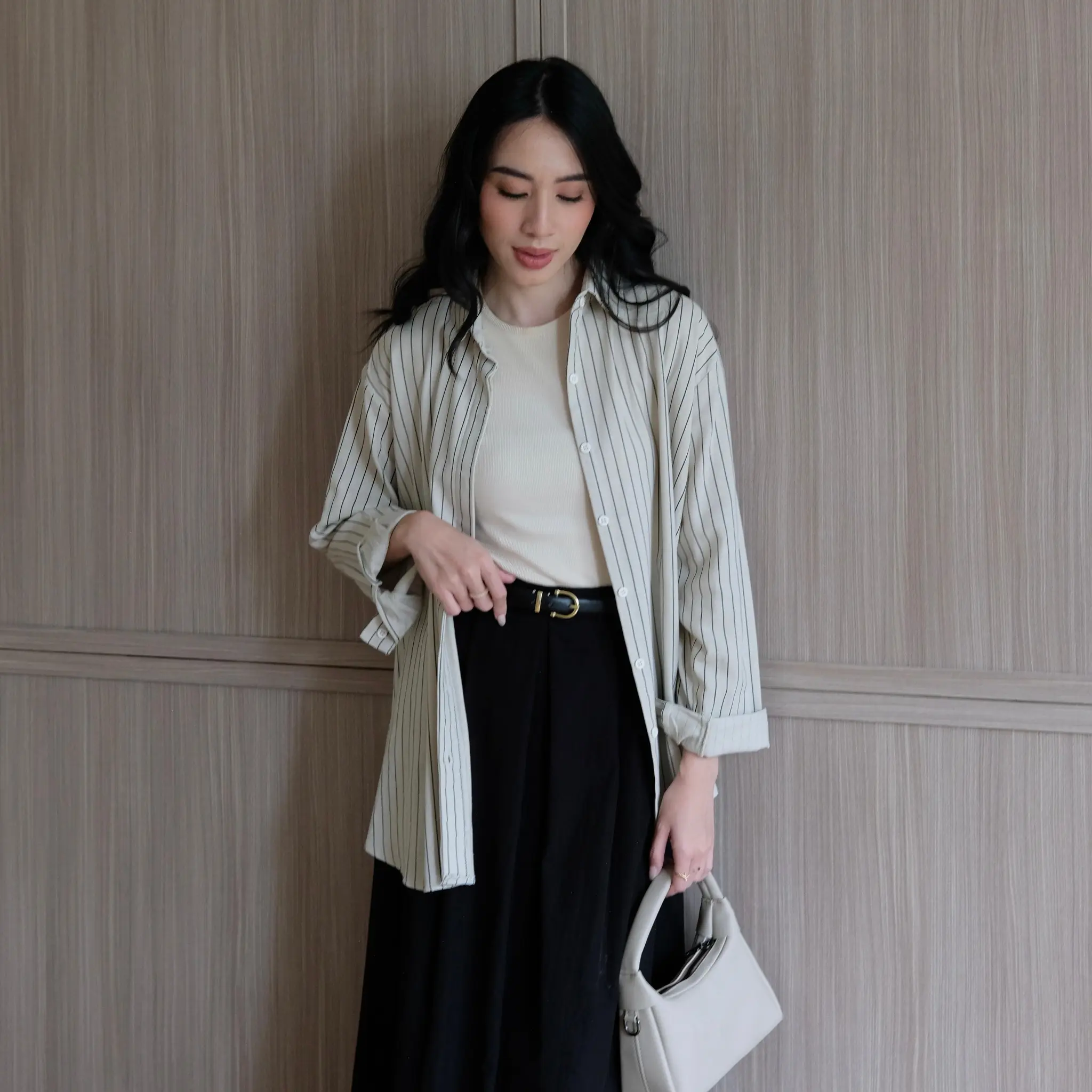 Flowing Shirt Pattern | ATKEY - Kemeja Wanita Stripes Oversized Lengan Panjang