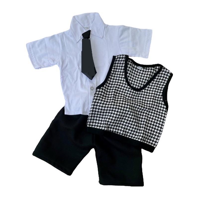 Setelan celana pendek baju anak vest houndstooth bw 3 bulan - 10 tahun 1