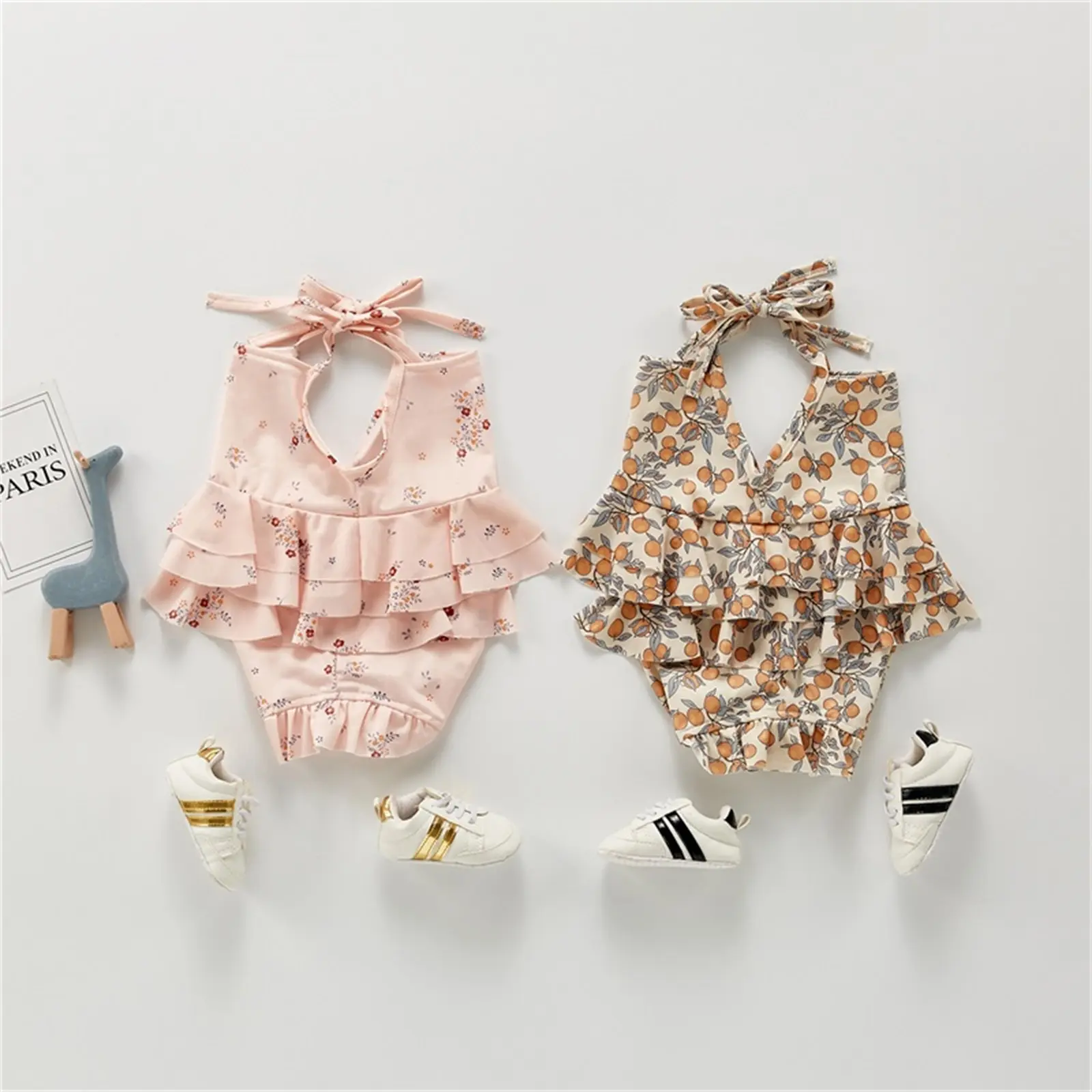 2Pcs Baby Girls Swimwear, Floral/Lemon Print Frilly Tank Tops + Shorts Swimsuit for Toddlers, Infants, 3-24 Months
