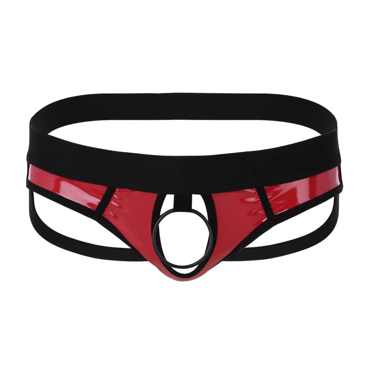 Venjoe Men's Wetlook Faux Leather Underwear Metal O-Ring Jockstrap Lingerie T-Back Thongs