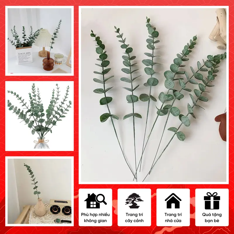 5 Nhánh Lá Táo Phấn Lá Khuynh Diệp Nhựa Bó Hoa Lụa Sáp Cô Dâu Trang Trí Đám Cưới Nhà Cửa 50cm 3