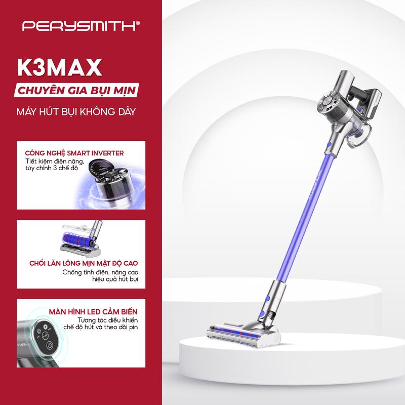 Máy Hút Bụi Không Dây PerySmith K3Max | Lực Hút Mạnh | Pin Khỏe | Nhiều Phụ Kiện | Kèm Con Lăn Lông Mịn | Bảo Hành 1 Năm