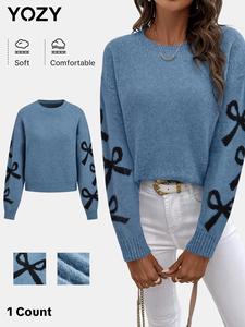 YOZY Women's Cartoon Bow Print Drop Shoulder Sweater Pullover, Casual Long Sleeve Round Neck Jumper for Fall & Winter, Fashion Ladies' Knitwear for Daily Wear