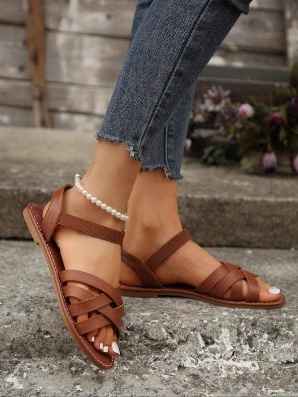 Women's Fashionable Plain Color Crossed Strap Flat Sandals, Casual Comfortable Slingback Sandals for Summer, Non-slip Beach Shoes for Women & Girls, Footwear 1
