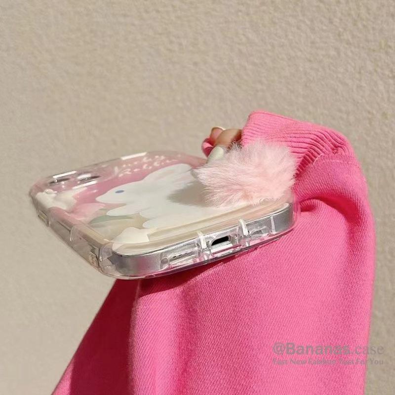 Cute Cartoon Teddy Rabbit Pattern Transparent Phone Case Compatible for iPhone 15 14 13 12 11 Pro Max X XR XS 8 7 Plus SE 3D Hairball Clear Soft Back Cover 9
