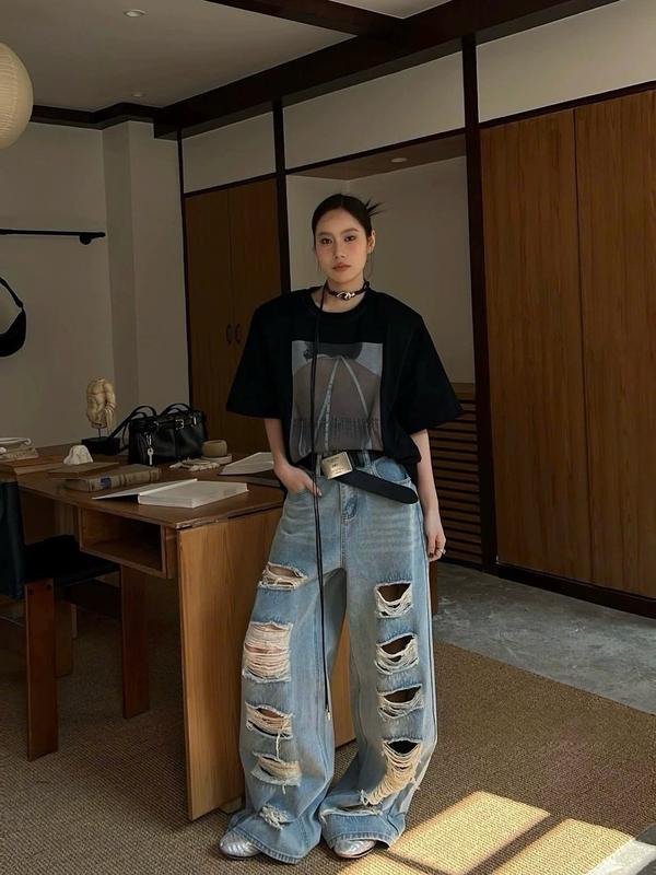 QB543 Quần jean suông loang ống rách MAIDO TRENDY quần ống đứng nữ