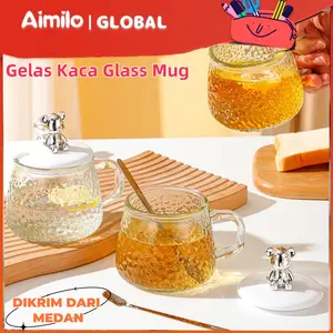 Aimilo Gelas Kaca Tutup Beruang + Sendok | Mug Kaca Estetik untuk Minuman