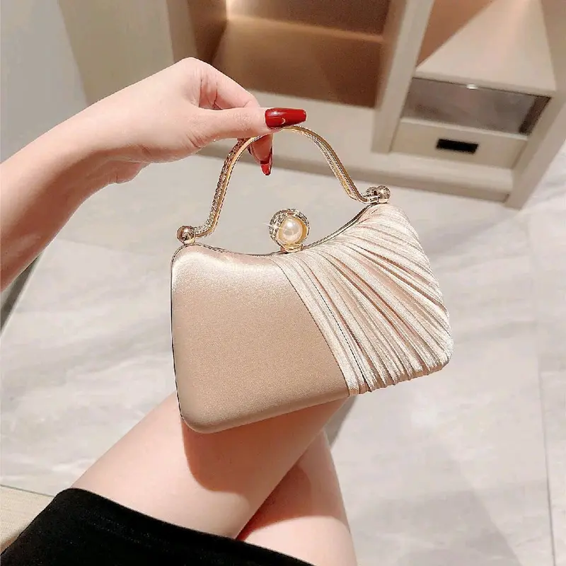 Túi Xách Nữ Đeo Chéo Women Bag Clutch Cầm Tay Cốp Đi Tiệc Quai Kiềng Đôi Lụa Màu Kem Xếp Ly Kèm Dây Xích Size 19 HÀNG CHUẨN QC Nhung đá 0