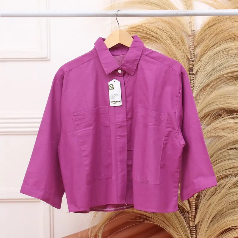 Melva Korean Crop Kemeja Wanita Semi Crop Linen Saku Dua Ld 120 Blouse Atasan Wanita Gemilang 7