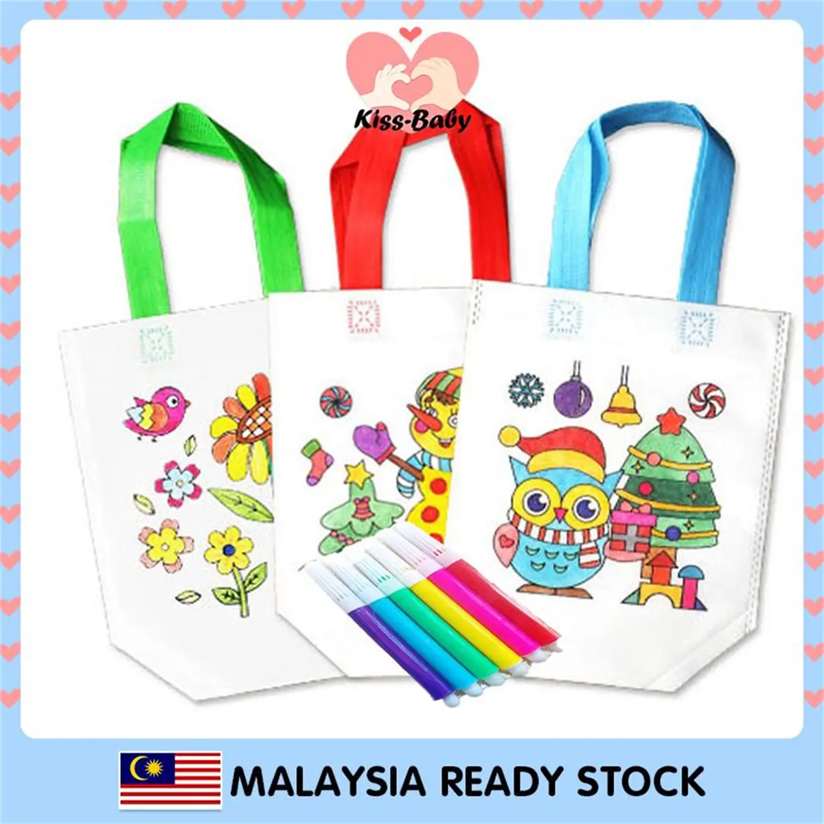 Kids DIY Painting Graffiti Creative Drawing Eco Bag Goodies Birthday for kids Goodies bag Party Gift Door Gift Present with free 6 pens
