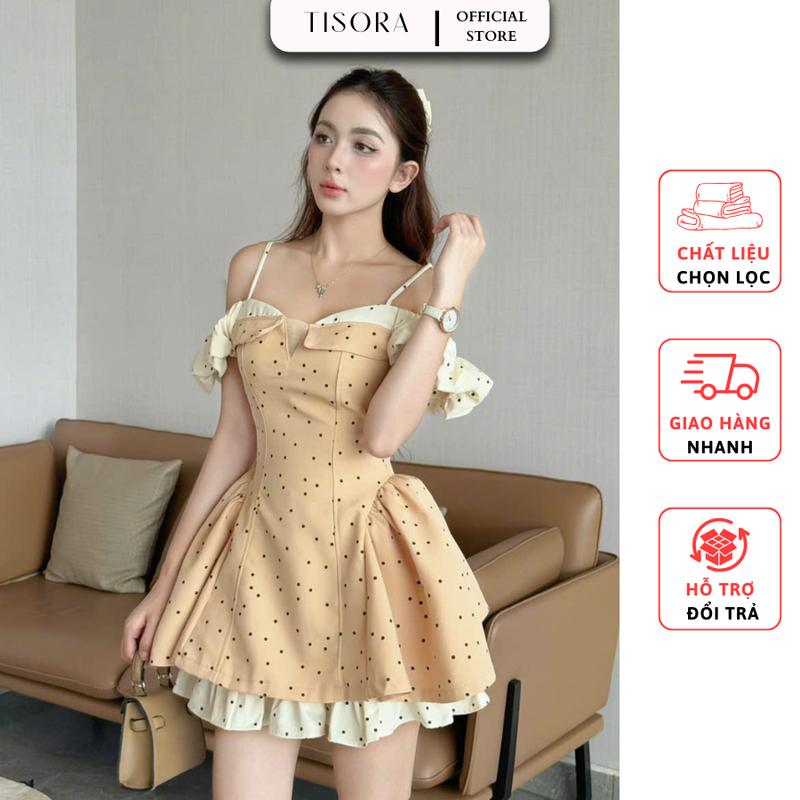 Đầm chấm bi xòe 2 dây phối tay bèo 3 màu : Nâu, Đen, Xám (TẶNG KÈM QUẦN BẢO HỘ) - Sandy Dress - Tisora