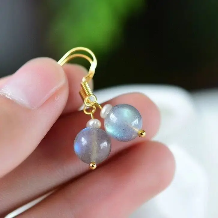 Hoa tai ngọc trai Moonstone, màu xám tự nhiên, kích thước dài, nhẹ và tươi, hoa tai pha lê mạ vàng 14K