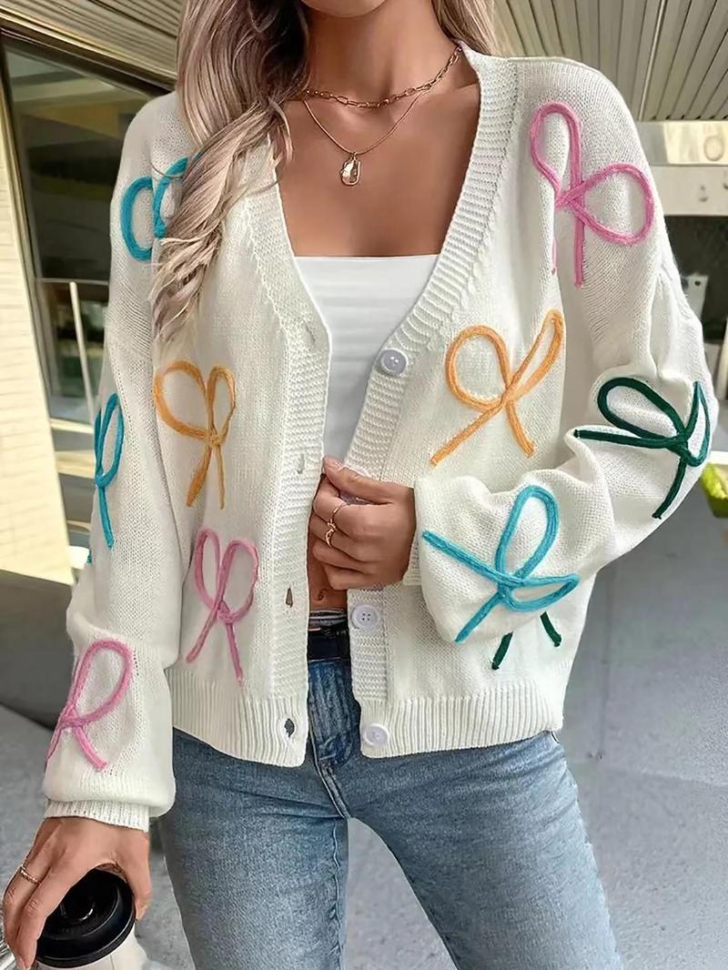 Product Introduction of Women's Colorblock Bow Pattern V Neck Sweater Cardigan, Casual Long Sleeve Cardigan for Spring, Fashion Women's Knitwear for Daily Wear Valentine's Day, gift 1